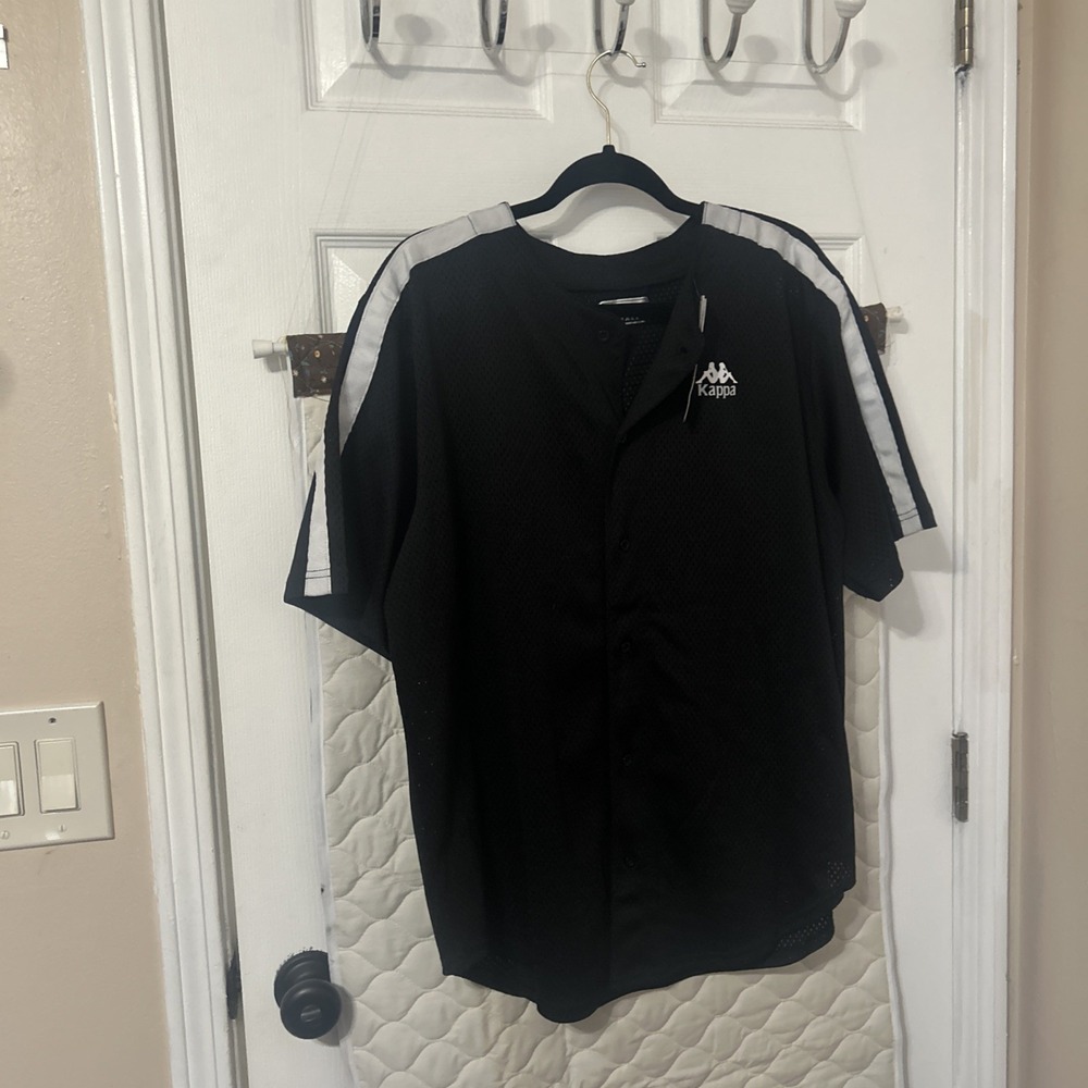 Kappa Authentic Tiago Mens Button Front Jersey Shirt Black White S Striped Mesh